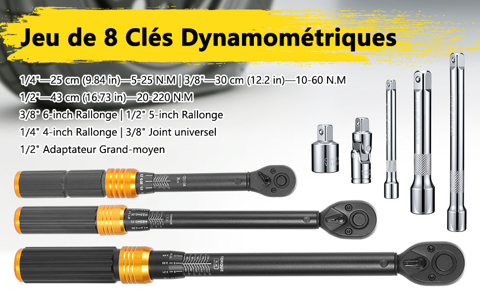 Le texte se lit comme suit : « Jeu de 8 Clés Dynamométriques ». Clés dynamométriques multiples présentées avec des accents argentés et dorés/jaunes, affichant différentes tailles et spécifications.