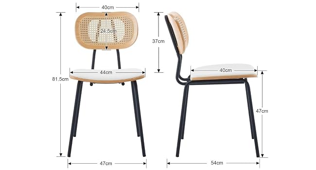 avec dossier en rotin, assise rembourrée blanche et pieds en métal noir. Dimensions indiquées : 81,5 cm de hauteur totale, 37 cm de hauteur du dossier, 40 cm de largeur, 41 cm