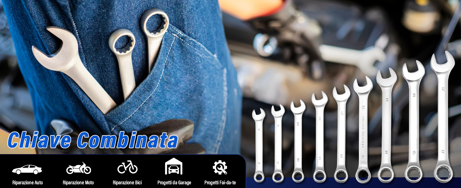 Il testo recita «BIKE'S COMPANION». Visualizzazione degli utensili automobilistici e meccanici, comprese le chiavi, disposti in ordine crescente di dimensioni, con le icone dei veicoli in basso.