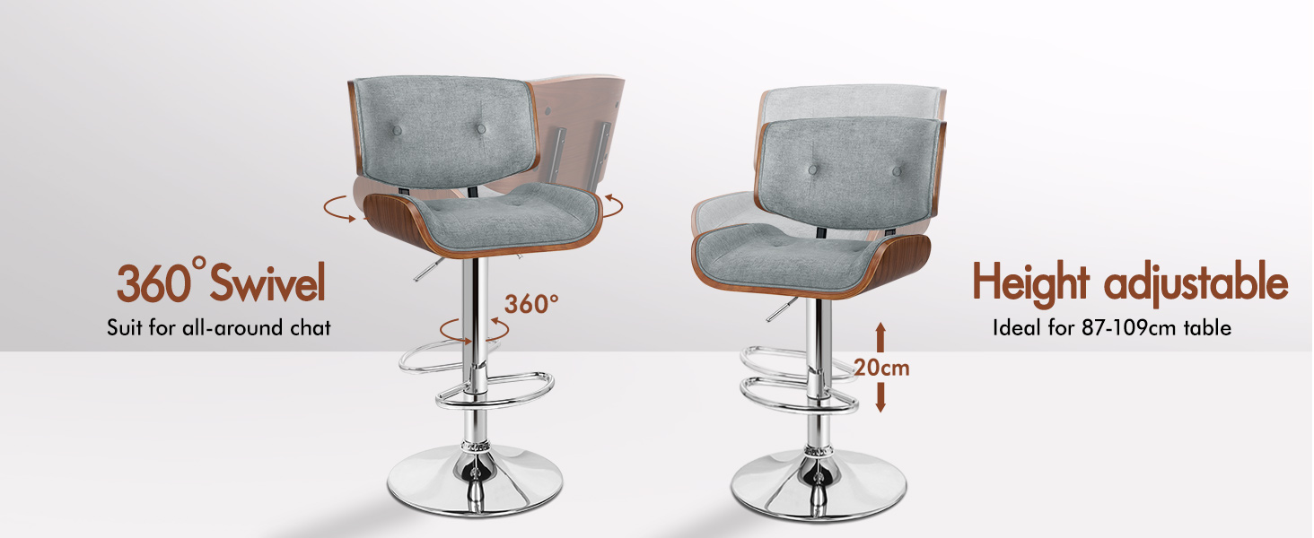 Technical product diagrams showing '360° Swivel' and 'Height adjustable' features of a mechanical component.