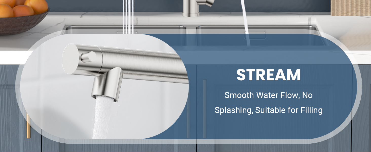 Kitchen faucet with stream mode, providing smooth water flow without splashing. Suitable for filling containers. Stainless steel finish visible.