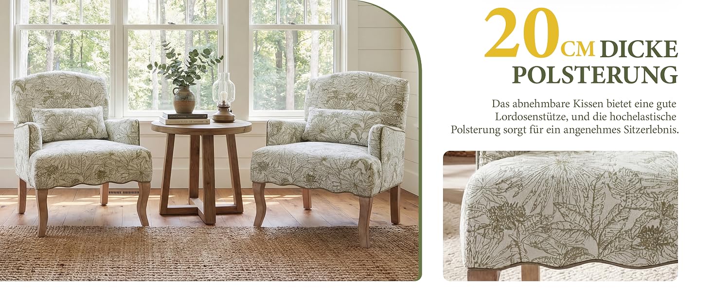 Der Text lautet „20% DICKE POLSTERUNG“. Innenarchitekturbild, das einen gepolsterten Sessel mit Blumenmuster und einem Beistelltisch im sonnendurchfluteten Raum zeigt.