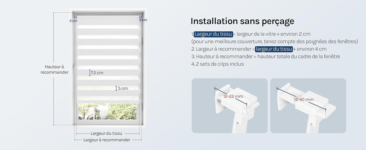 Le texte se lit comme suit : « Installation sans perceuse ». Schéma d'installation des stores avec mesures et deux illustrations de la méthode d'installation montrant les supports de montage.