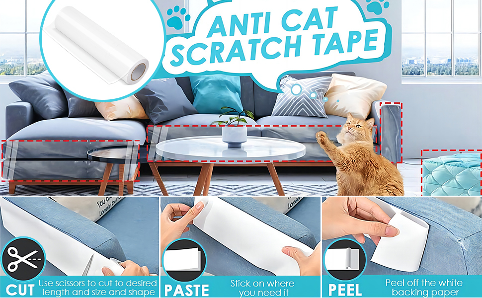 El proceso de aplicación de la cinta antiarañazos para gatos a los muebles. Se ilustran cuatro pasos: cortar la cinta, aplicándola a la superficie, alisándola y retirando el soporte para revelar la capa protectora