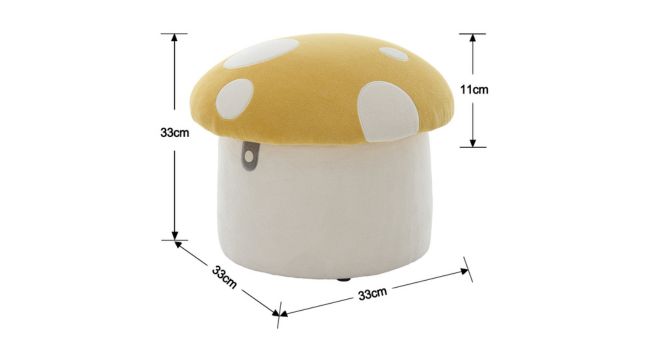 Mushroom-shaped decorative pouf or ottoman in cream and yellow colors with dimensions marked: 35cm width, 30cm depth, 31cm height. Features small white circular details on top.