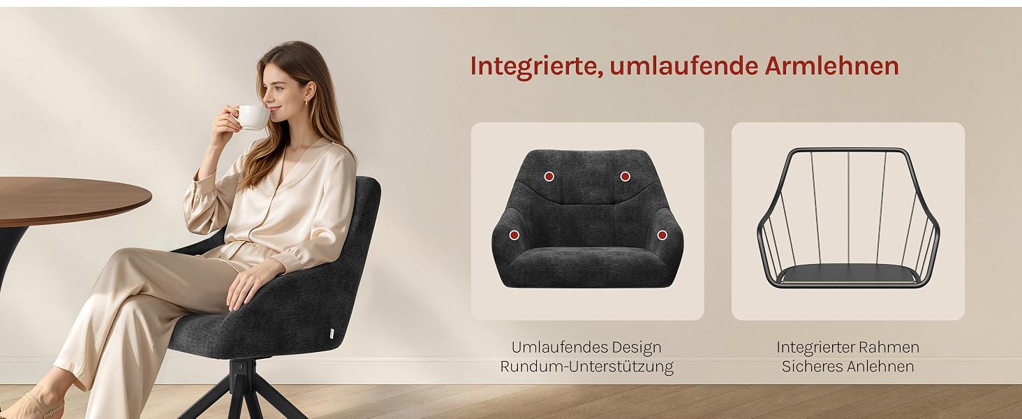 Der Text scheint auf Produktmerkmale zu verweisen. Das Bild zeigt eine Frau in einem beigen Stuhl mit schwarzem Aufbewahrungshocker/Möbelstück, das aus verschiedenen Blickwinkeln dargestellt wird.