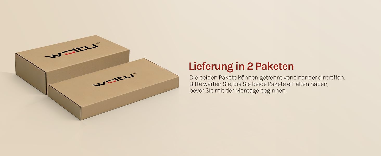 Der Text lautet „Lieferung in 2 Paketen“ mit zusätzlichem deutschen Text, der den Inhalt und die Abmessungen der Verpackung beschreibt. Zwei gestapelte Kartons in beige/hellbrauner Farbe auf neutralem Hintergrund.