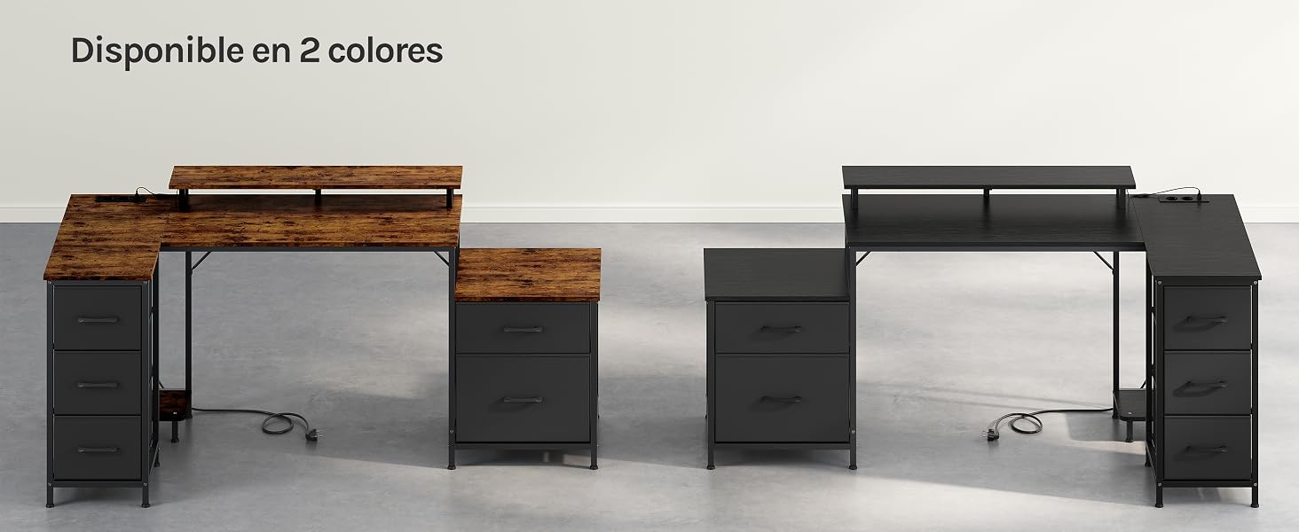 El texto dice «Disponible en 2 colores». Serie de imágenes que muestran configuraciones modernas de escritorios de oficina en forma de L en dos opciones de color: acabados en madera oscuro/negro y gris.