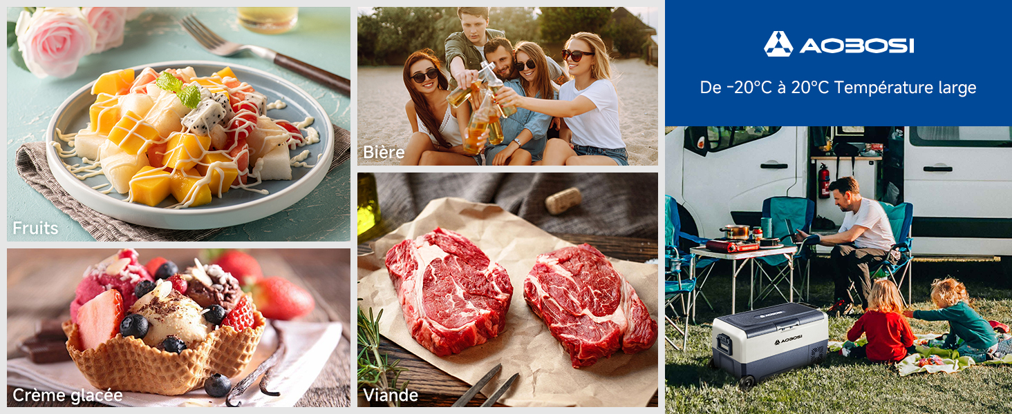 Composite de six images : un plat de pâtes, des gens à l'extérieur, de la viande crue, un dessert à la crème glacée et une scène de camping avec un réfrigérateur portable. Marque Aobosi visible sur panneau bleu