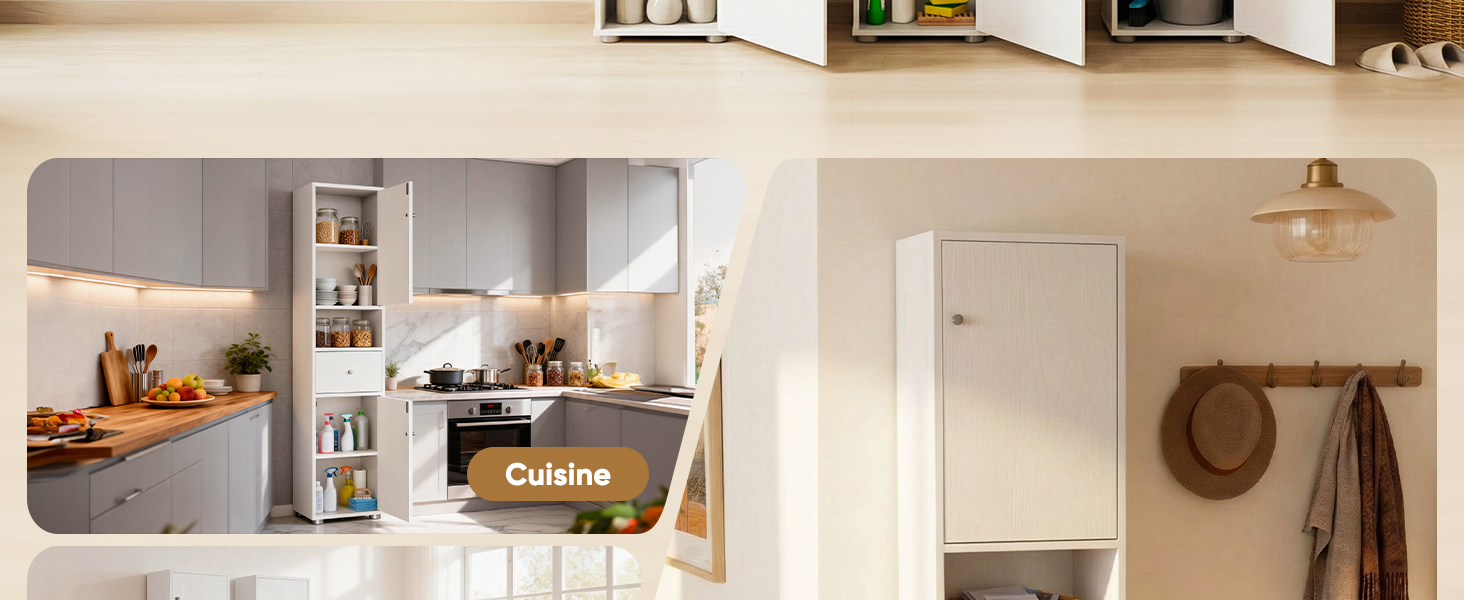 Le texte indique « Cuisine ». Photos d'intérieur de cuisine moderne montrant des armoires blanches et des comptoirs en bois sous différents angles.