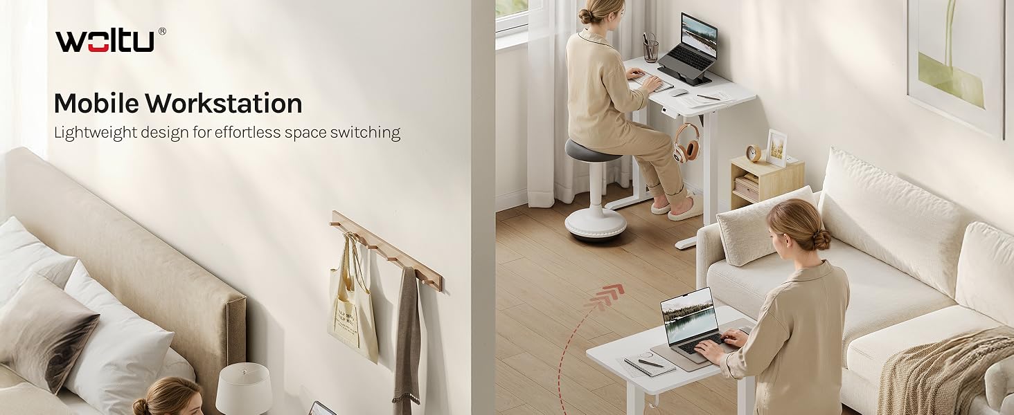 Text reads 'WEILU' and 'Mobile Workstation' with tagline 'Light design for less-demanding'. Image shows modern home office workspace with person at desk near window with plants and natural lighting.