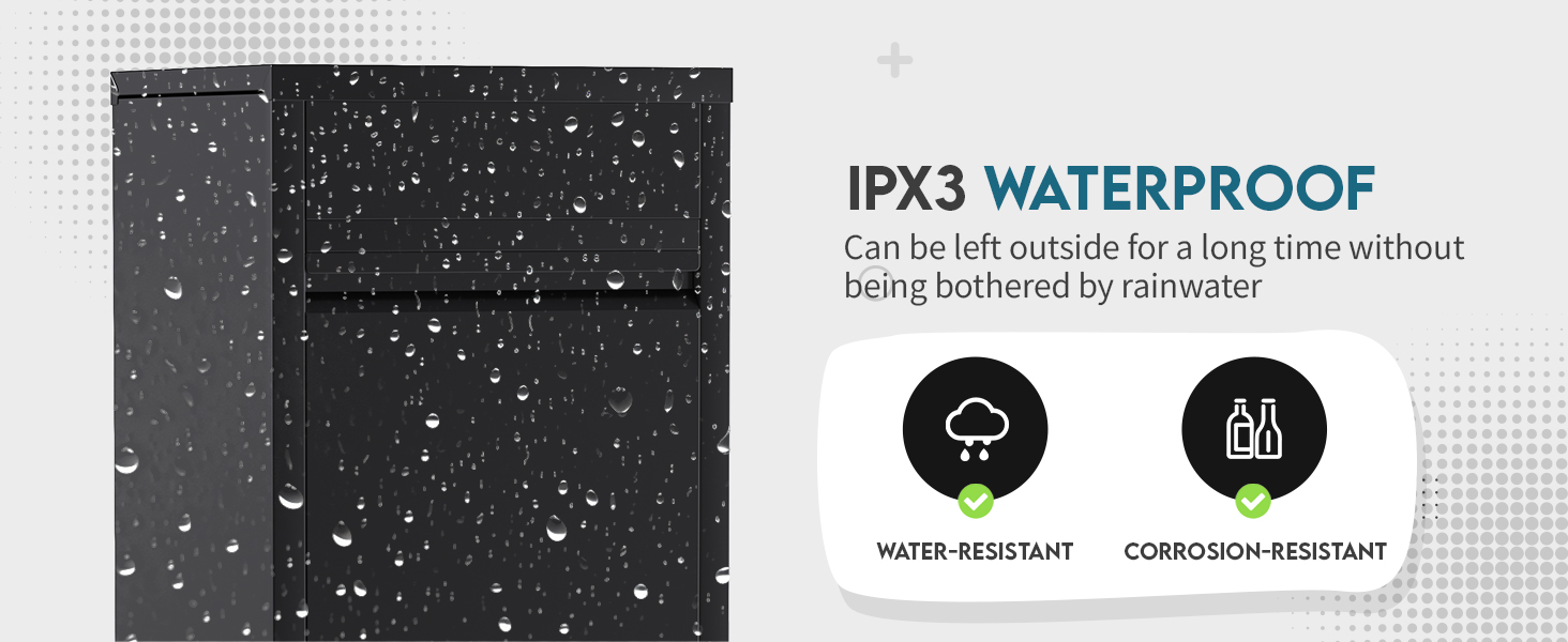 Text reads 'IPX3 WATERPROOF' with specification icons showing water resistance rating and durability certification. Black textured waterproof material sample with water droplets visible on surface.