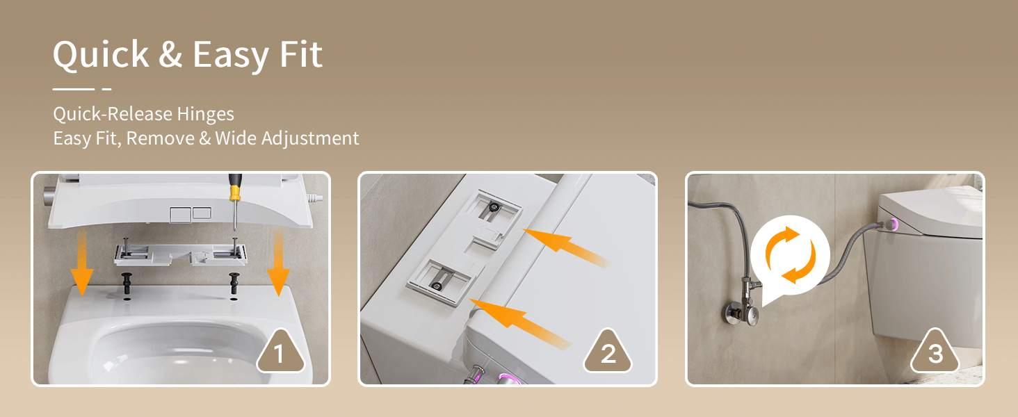 Text reads 'Quick &amp; Easy Fit'. Step-by-step installation guide showing mounting process for a bathroom fixture with orange directional arrows indicating movement and placement.