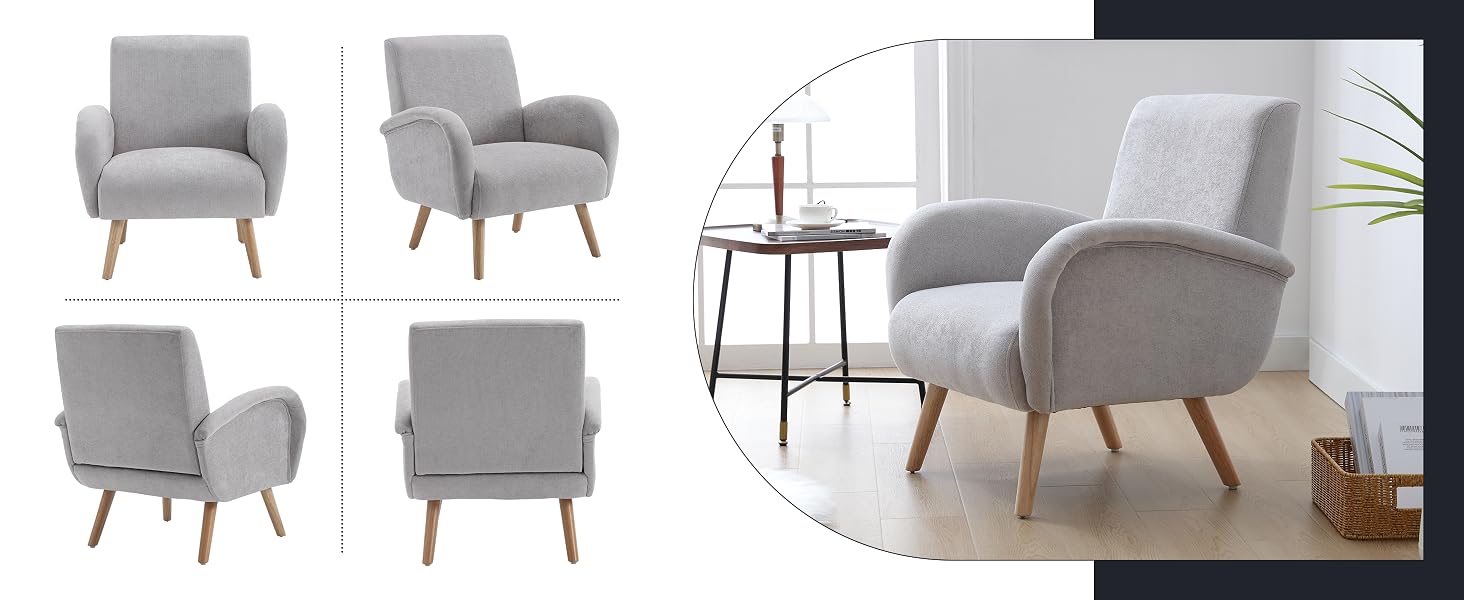 Light gray upholstered armchair with wooden legs.