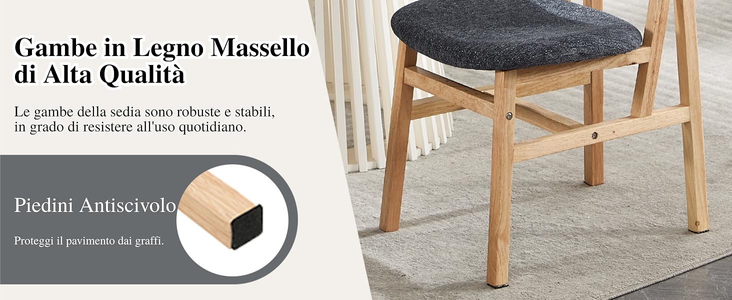 Il testo recita «Gambe in Legno Massello di Alta Qualità». Immagini del prodotto che mostrano le gambe degli sgabelli in legno con sedili imbottiti grigi da più angolazioni.