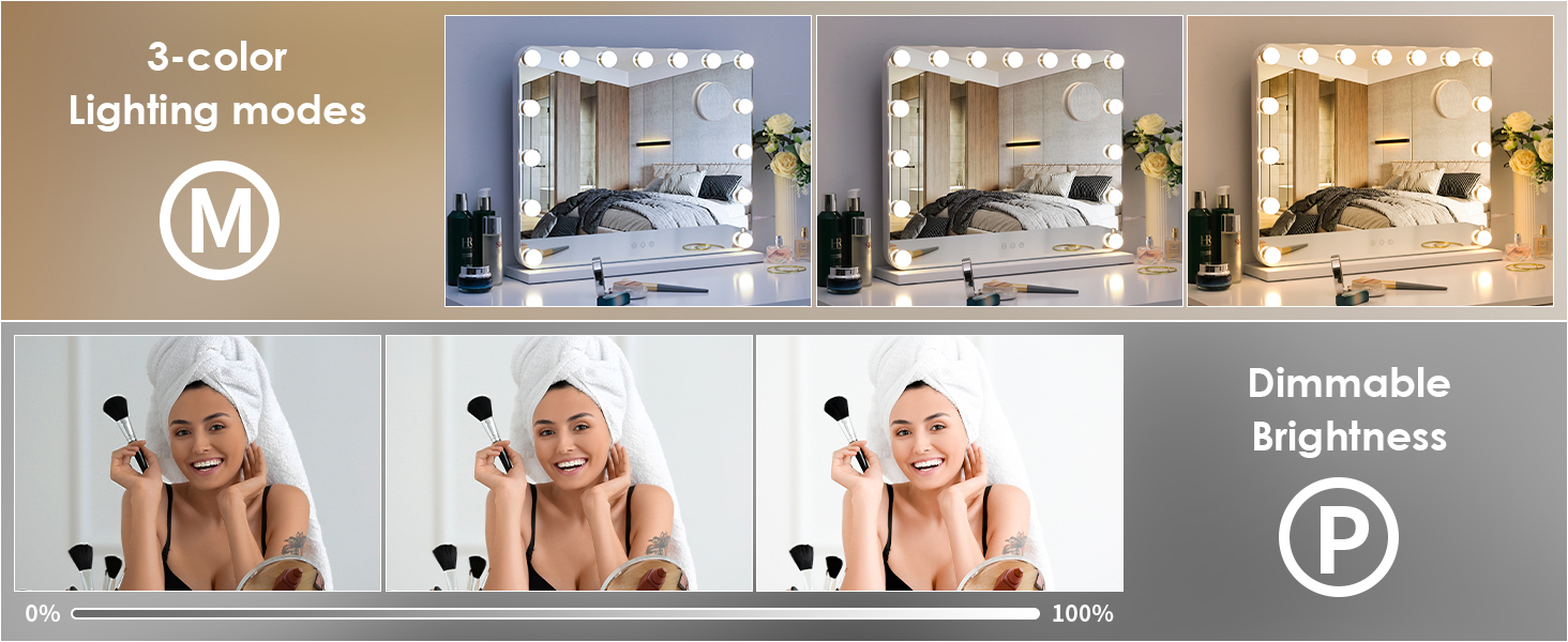 Composite image showing three lighting modes for a bedroom and three brightness levels for a bathroom mirror, with dimmable controls.