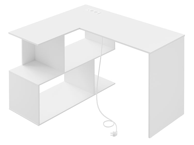 Escritorio blanco en forma de L con compartimentos de estantería abiertos integrados y abertura para la gestión de cables. Diseño de estación de trabajo en esquina con acabado blanco y estructura minimalista.