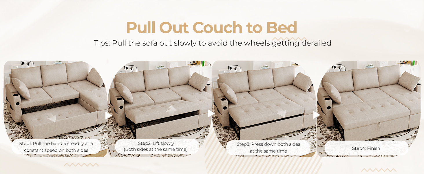 Der Text lautet „Couch zum Bett ausziehen“. Anleitungsdiagramm, das die schrittweise Umwandlung einer Couch in ein Bett zeigt, mit mehreren Paneelen.