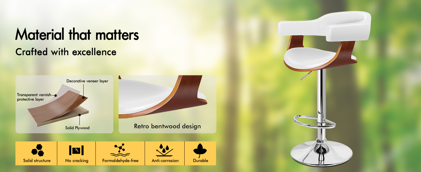 Text reads 'Material that matters' and 'Crafted with excellence'. Technical product diagram showing cross-sections and feature icons for material specifications.