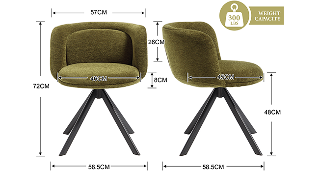 Deux chaises pivotantes rembourrées vert olive avec des dimensions de mesure étiquetées (82 cm de largeur, 73 cm de profondeur, 88 cm de hauteur), pieds de trépied en métal noir, badge de certification du produit visible.