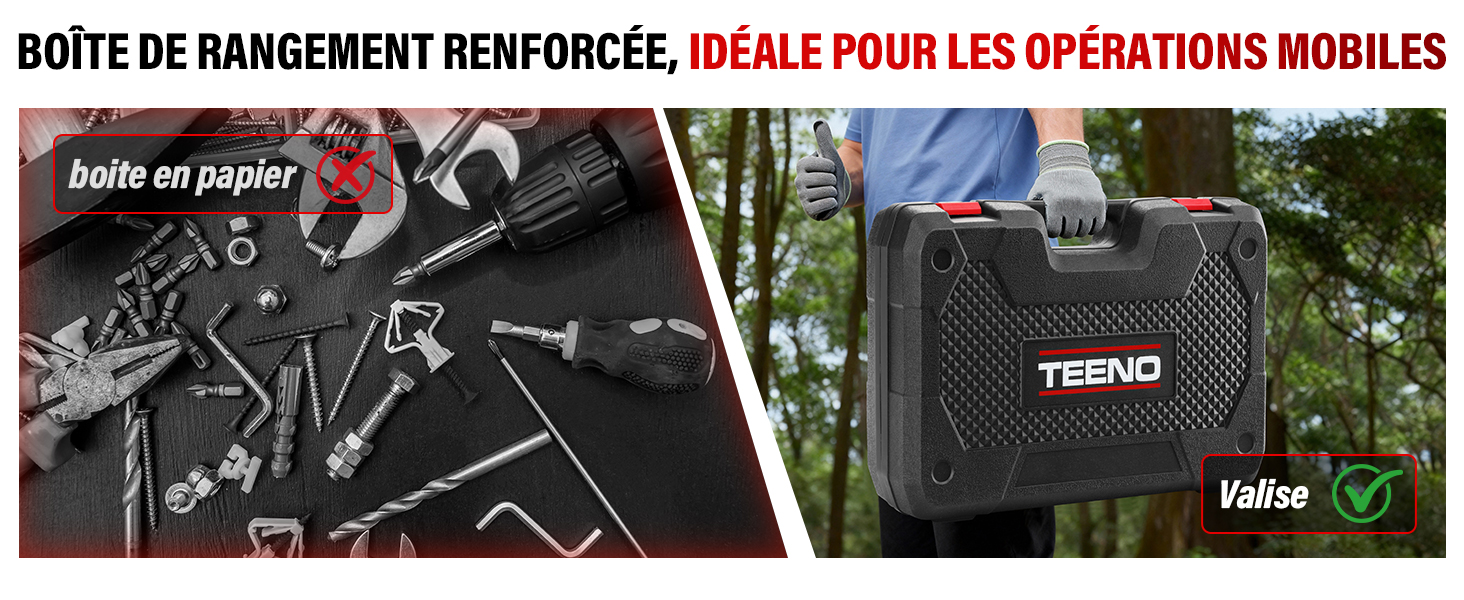 Le texte se lit comme suit : « BOITE DE RANGEMENT RENFORCÉE, IDÉALE POUR LES OPÉRATIONS MOBILES ». Collection de boîtes ou de conteneurs de stockage présentée dans plusieurs vues.