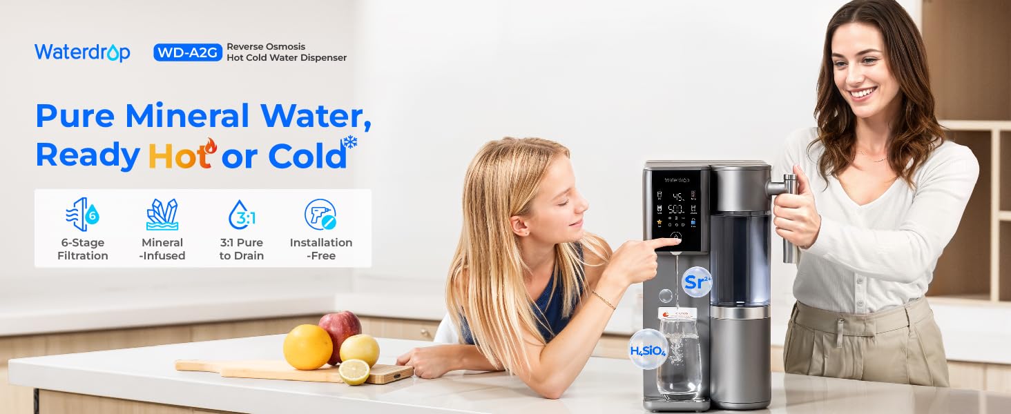 Le texte indique « Eau minérale pure », « Prêt à être chaude ou froide ». Images de démonstration du produit montrant un système de distribution d'eau avec options de température.