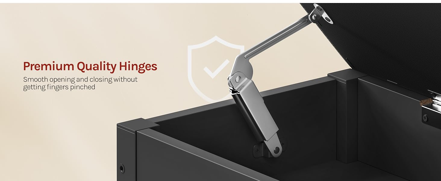 Text reads "Premium Quality Hinges". Detail showing metal hinge mechanism with mounting bracket on black projector equipment corner against light background.