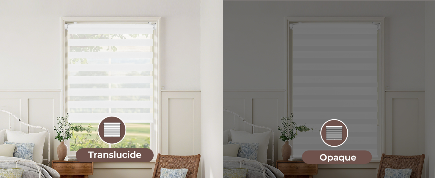 Texte : « Translucide », « Opaque ». Comparaison des options de couvre-fenêtres présentant des paramètres translucides et opaques avec des silhouettes de meubles visibles.