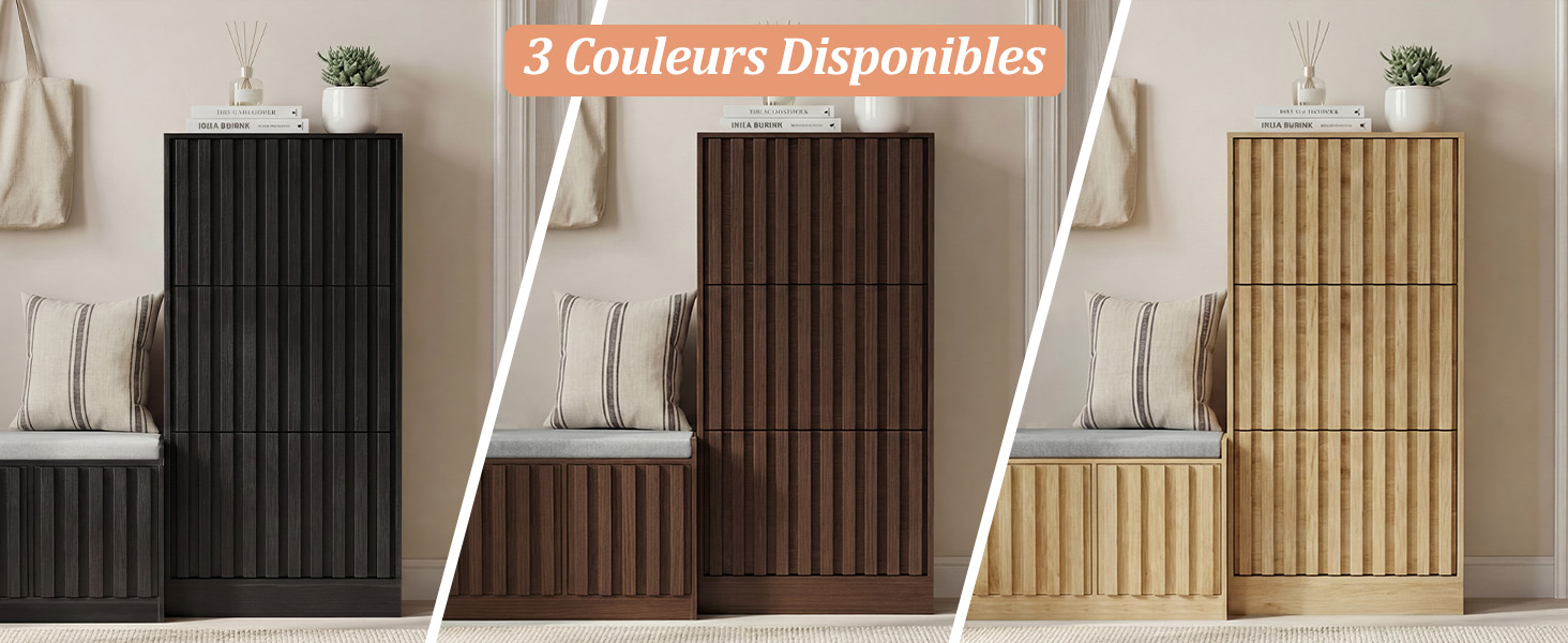 Le texte indique « Sélection de stores haut de gamme ». Rangée de quatre volets roulants verticaux ou stores de couleurs noir, marron foncé et crème affichés sur fond blanc.