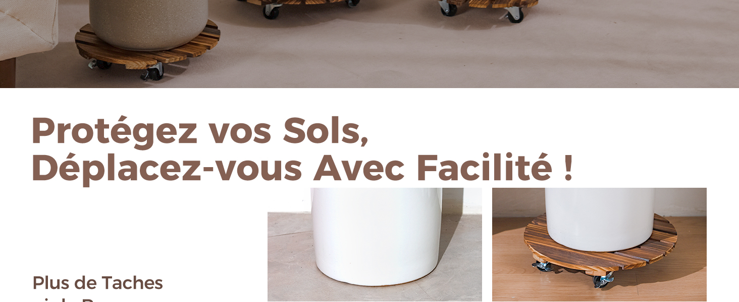 Chariot de meuble circulaire en bois avec roues en métal, représenté supportant un objet cylindrique blanc. Le chariot protège les sols et facilite le déplacement des objets lourds