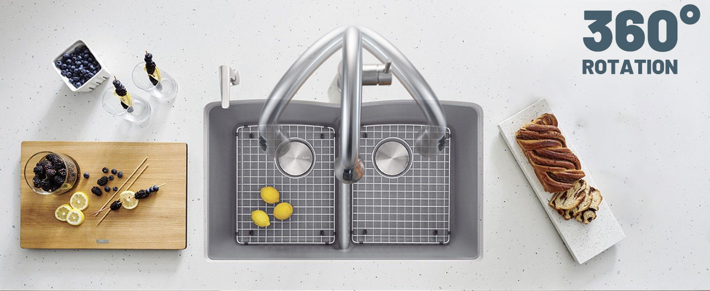 Double basin stainless steel sink with grid bottom, showing 360-degree rotation feature and food preparation scenes on wooden cutting boards.