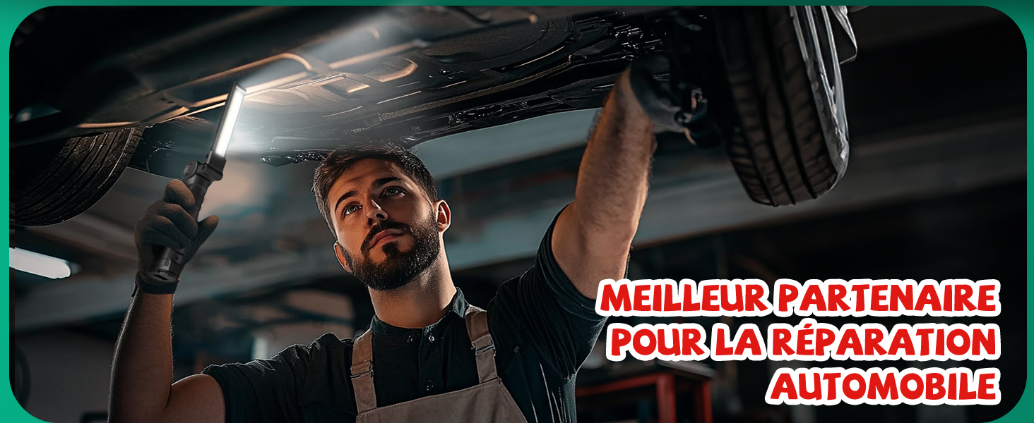 Le texte indique « MEILLEUR PARTENAIRE POUR LA RÉPARATION AUTOMOBILE ». Aménagement d'un atelier ou d'un garage montrant les travaux de réparation automobile en cours.