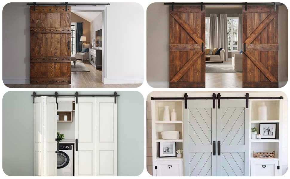 Four examples of sliding barn doors in rustic and modern styles, shown in various room settings including laundry room and storage solutions.