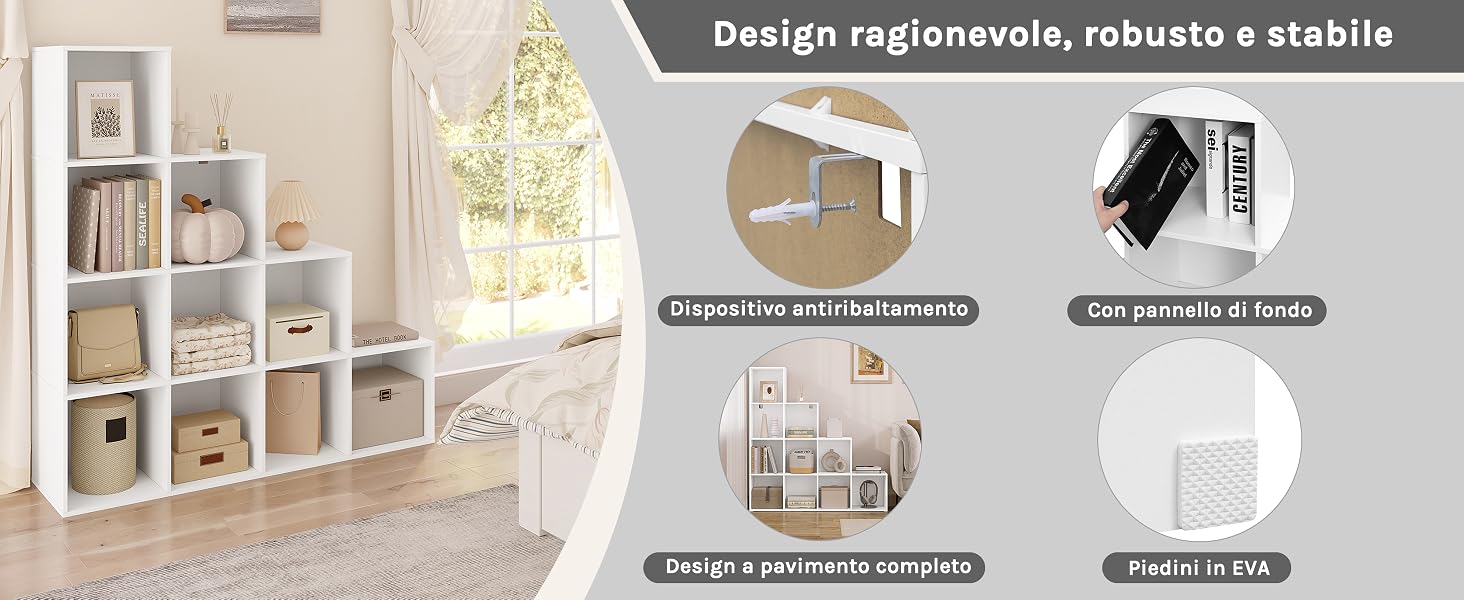 Sistema di archiviazione modulare a cubo bianco con schemi di installazione che mostrano le fasi di assemblaggio, il montaggio a parete e le caratteristiche di stabilità
