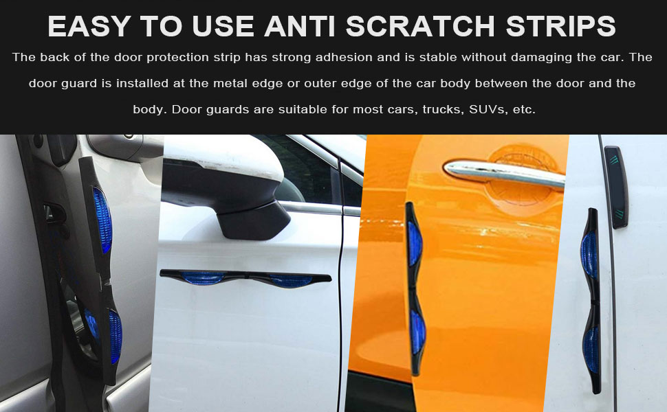 Car door protection strips showing installation on vehicle doors in silver, white, and orange cars. Blue anti-scratch strips mounted along door edges.