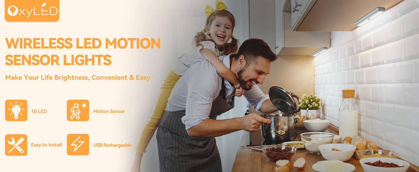 Product advertisement for wireless LED motion sensor lights by Oxiled, featuring icons showing brightness control, motion sensing, and easy installation features.