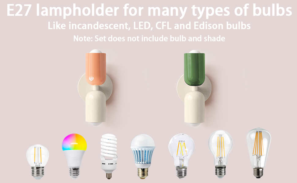 E27 avec corps en céramique pêche et vert. Vous trouverez ci-dessous différents types d'ampoules compatibles : LED, CFL, à incandescence et Edison. Remarque : l'ensemble exclut l'ampoule et l'abat-jour.