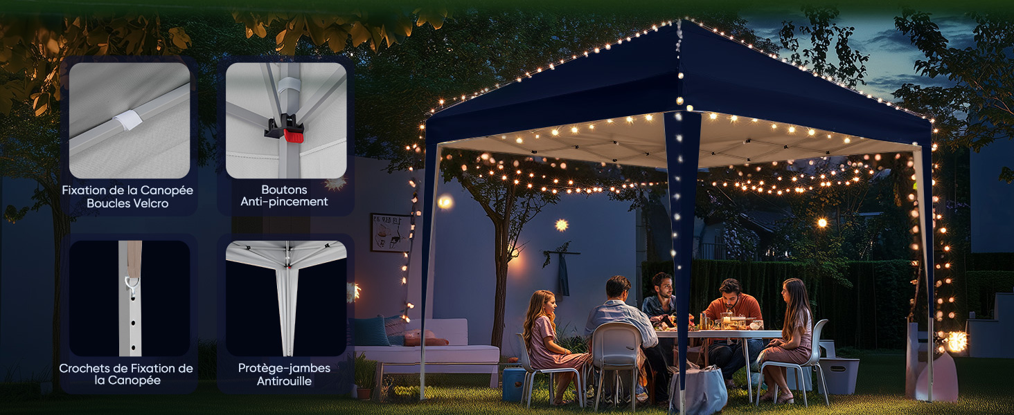 Scènes de soirée en plein air montrant des guirlandes lumineuses illuminant un patio ou une terrasse. Plusieurs vues d'un même espace sous un éclairage chaleureux.