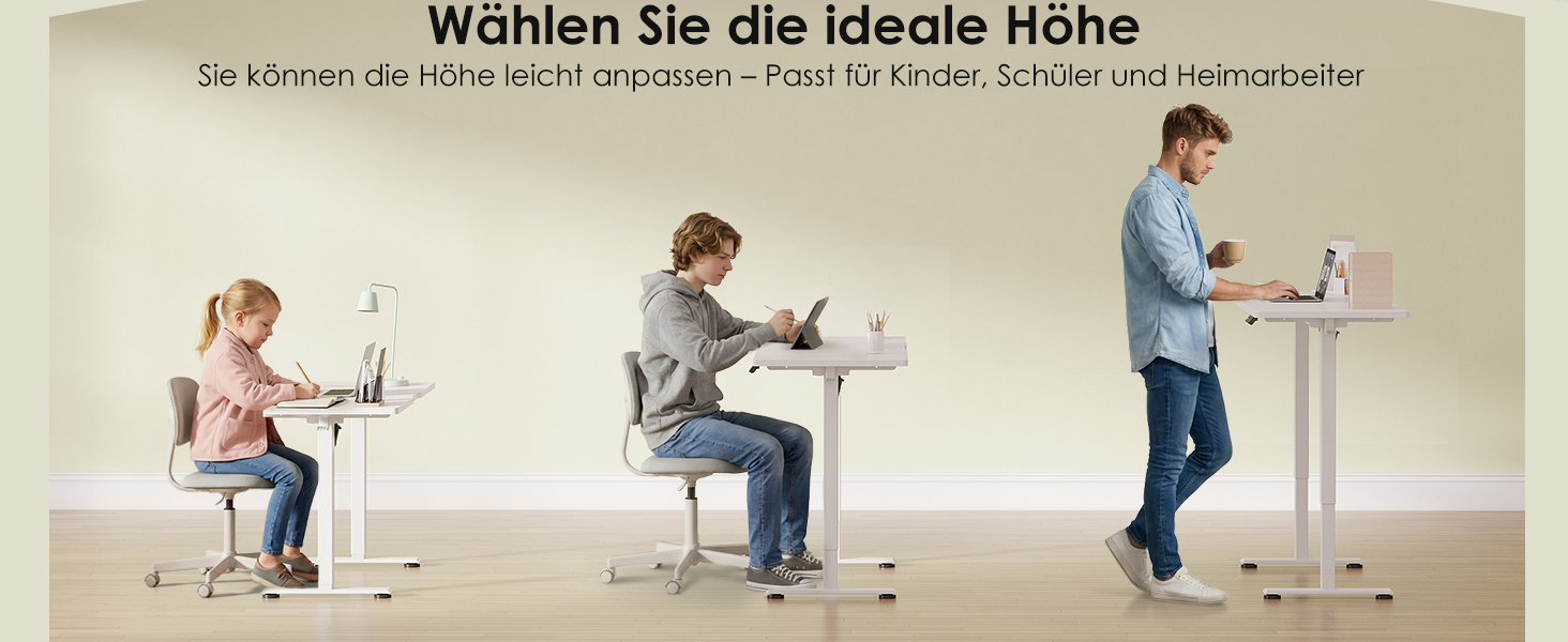 Der Text lautet „Wählen Sie die ideale Höhe“. Eine Reihe von Anleitungsbildern, die die richtige ergonomische Höhenverstellung und Positionierung des Schreibtisches für optimalen Komfort am Arbeitsplatz zeigen.