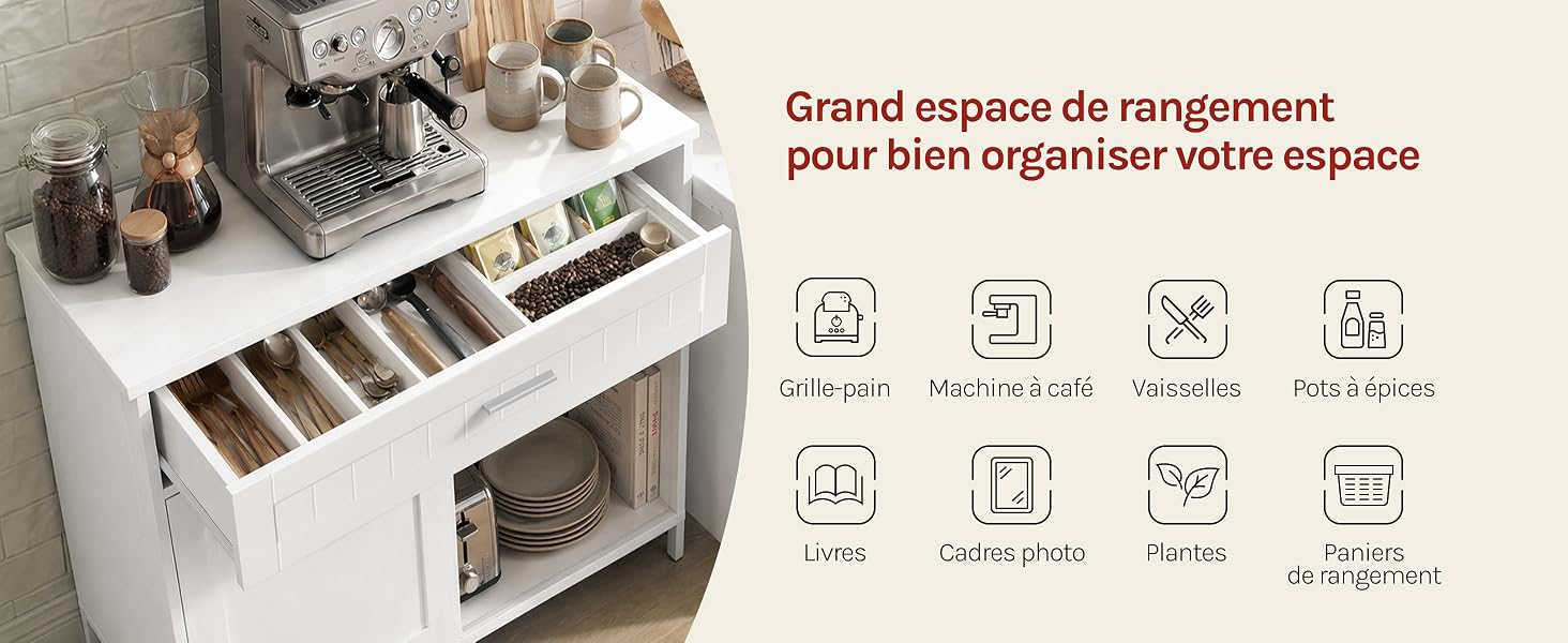 Le texte se lit comme suit : « Grand espace de rangement pour bien organiser votre espace ». Organiseur de rangement blanc avec plusieurs compartiments, comme le montre la vue de dessus. Quatre petites icônes ci-dessous présentent les caractéristiques d'organisation du stockage et les avantages de la conception compartimentée.