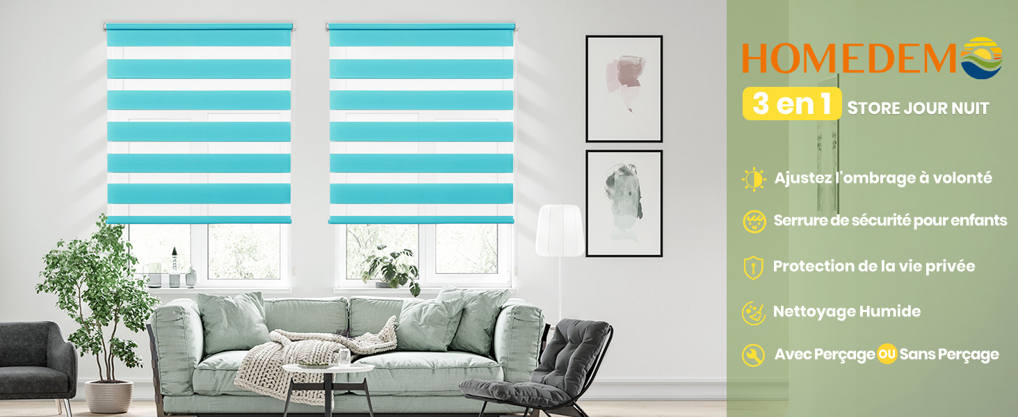 Le texte indique « HOMEDECO ». Série de photos d'intérieur montrant des stores ou des stores blancs dans des pièces modernes avec éclairage naturel et décoration minimaliste.