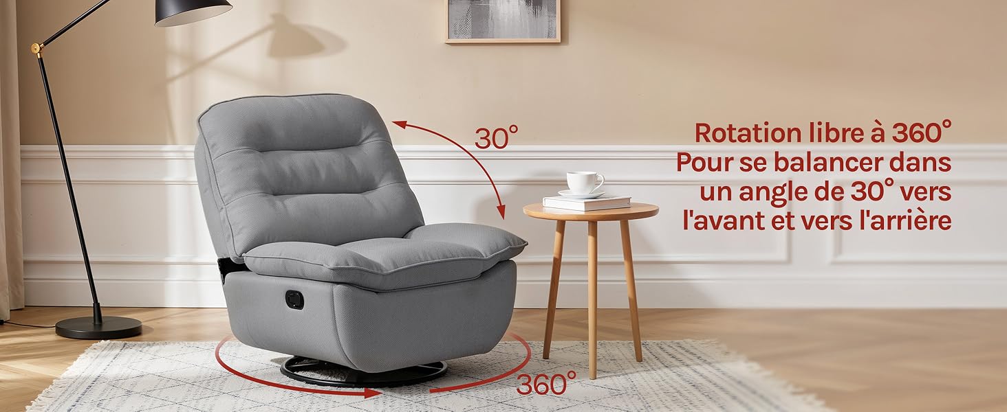 Le texte indique « Relaxez-vous en classe à 360° avec notre fauteuil inclinable à 90° pour votre famille ». Fauteuil inclinable gris avec pouf dans un salon moderne.