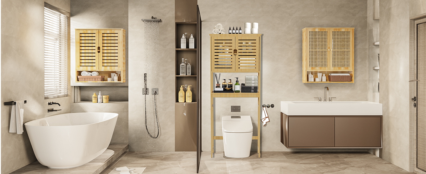 UNHO Armadietto Bagno Parete Bambù Mobile Pensile Salvaspazio Cucina Armadio Muro Sopra WC 2 Ante