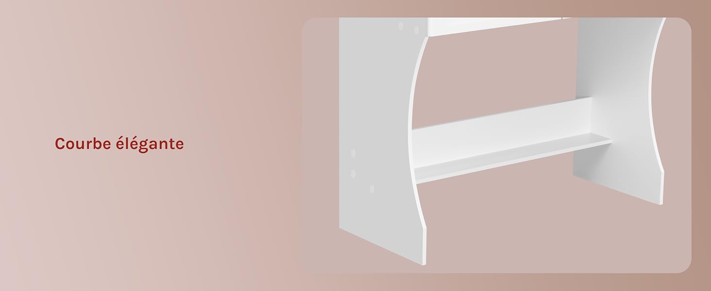 Le texte indique « Courbe élégante ». Meuble minimaliste beige et blanc au design architectural incurvé sur fond neutre.