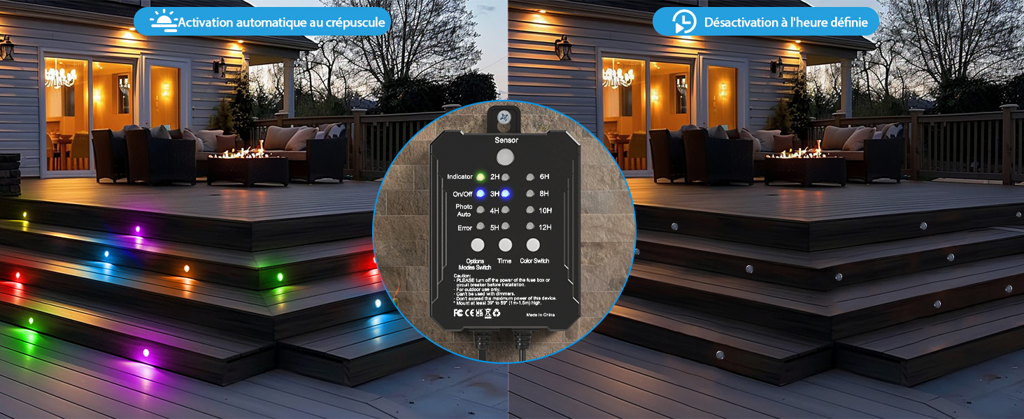 Image divisée montrant une terrasse extérieure la nuit avec un éclairage à bandes LED, avec un panneau de commande avec des boutons en superposition circulaire centrale.