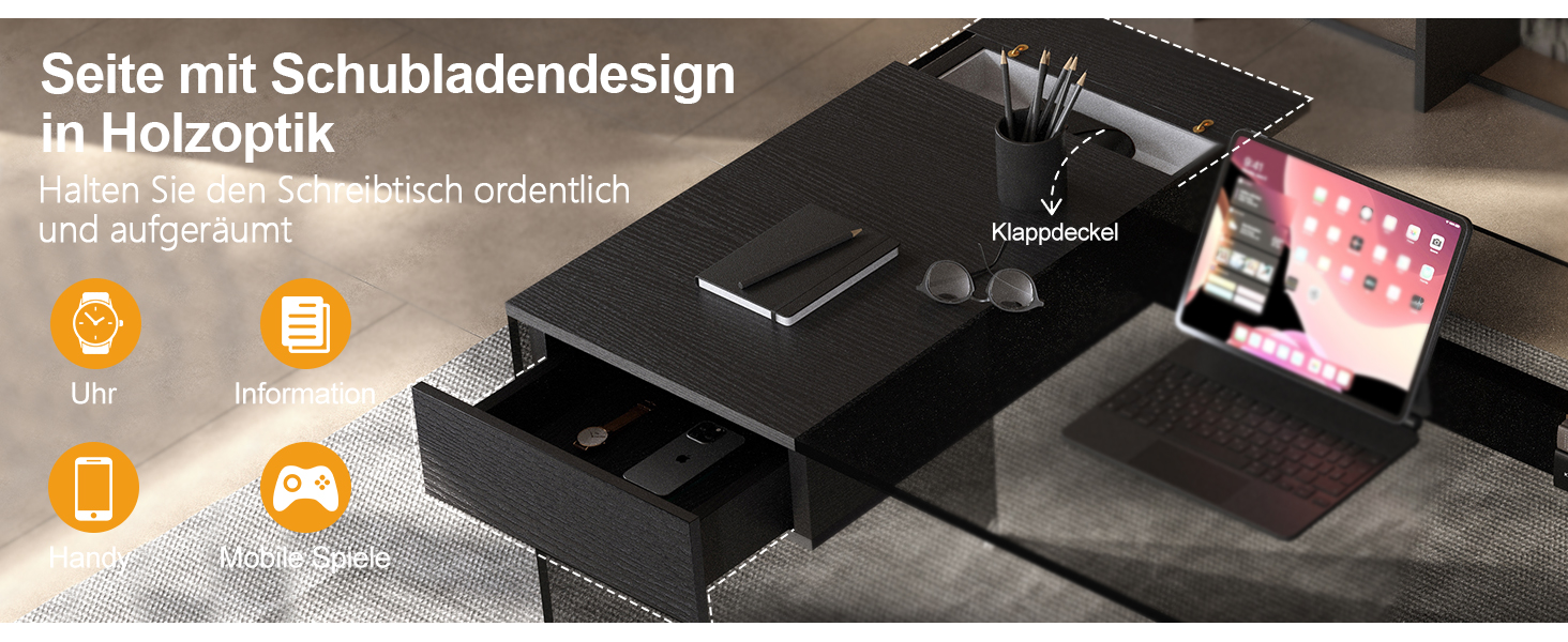 Der Text lautet: 'Seite mit Schubladendesign in Holzoptik' 'Halten Sie automatisch ordentlich und aufgeräumt! ' Folgende Symbole werden angezeigt: UV, Info, Handy, Spiel/Konsole. Schwarzer Schreibtisch mit Schubladenfächern und Laptopdisplay abgebildet.