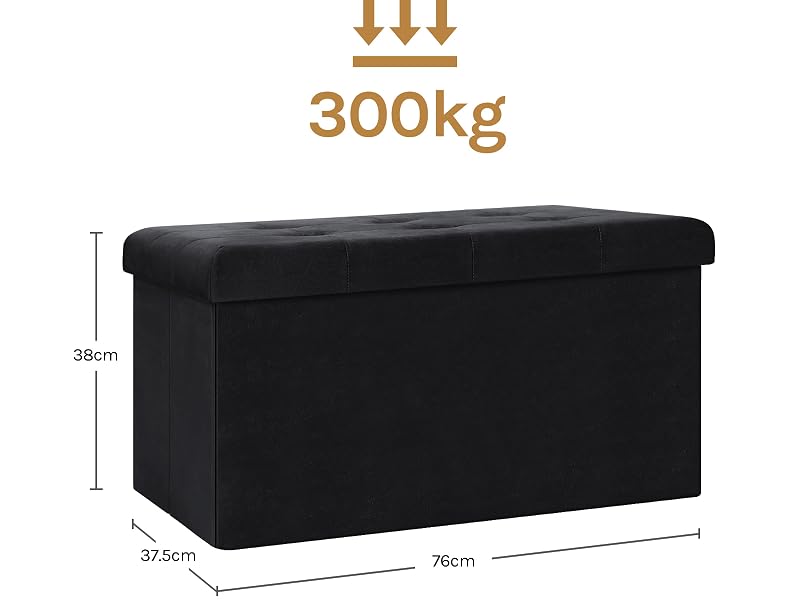 con capacidad de peso de 300 kg. Dimensiones: 76 cm de ancho, 38 cm de alto, 37,5 cm de profundidad. Diseño plegable