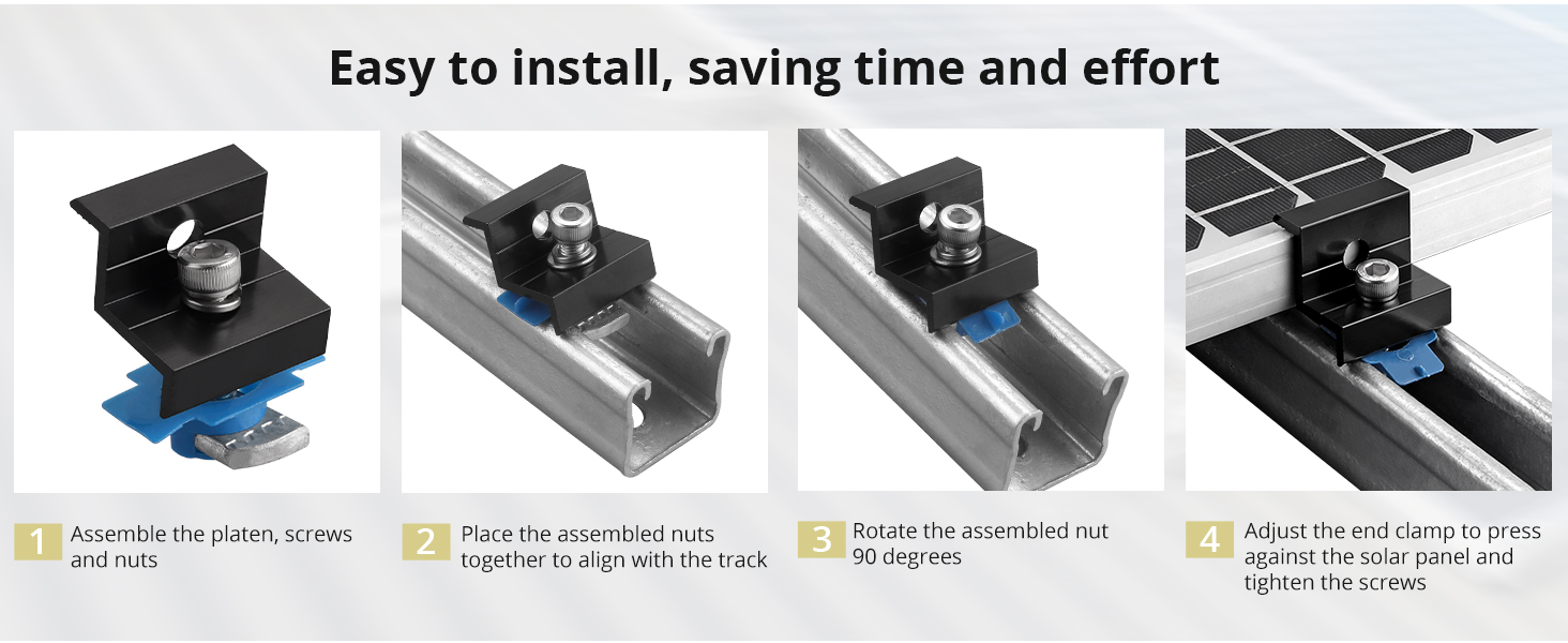 Text reads 'Easy to install, saving time and effort'. Four-panel instruction diagram showing installation steps for a mounting bracket with blue adjustment mechanism.