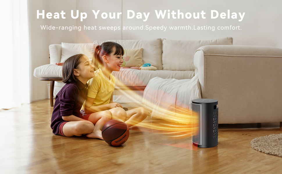 Cylindrical tower heater shown emitting warmth, illustrated by orange glow effect, positioned in a living room setting.