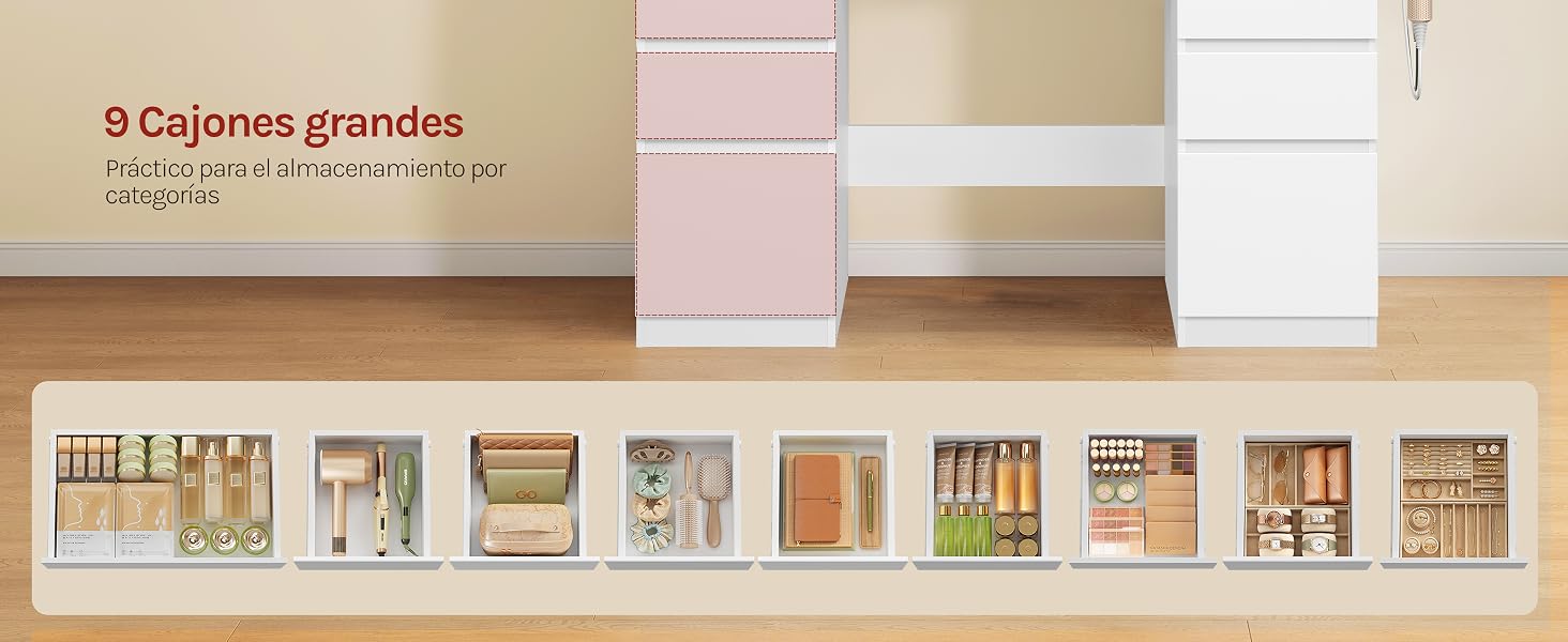 El texto dice «9 cajones grandes» y «Cómodo para la decoración y elegante». Cajones de almacenamiento blancos con estante superior de madera que muestran nueve opciones de compartimentos organizativos a continuación.